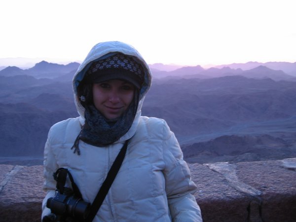 A cold but smiling Lil on Mt. Sinai