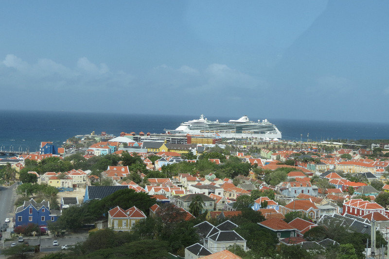 A view of our ship of Willemstad, Curacao from the Queen Juliana Bridge