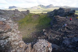 Climbed to the top of the stairs at the Saxholl Crater and looked in - lots of volcanic lava and grass - not as dramatic as it looked from the outside