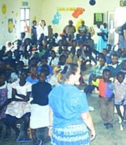 Julie teaching the 400+ children at Arusha