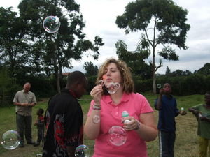 Sara blowing bubbles for the kiddos