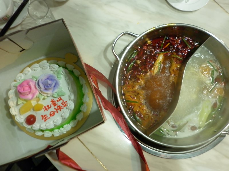 Birthday cake & Hot pot (half chilli half not chilli)