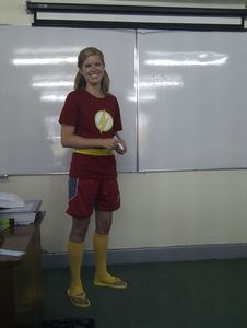 Dressed as the Flash for cartoon day