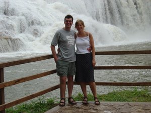 my wife and I in front of Agua Azul