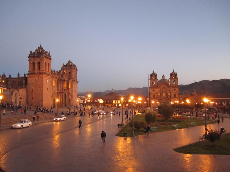 Cusco plaza de armas at sunset
