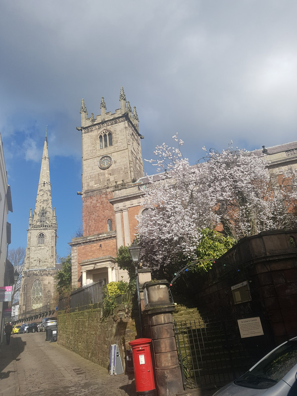 Two churches, a pretty cherry tree on the hill 