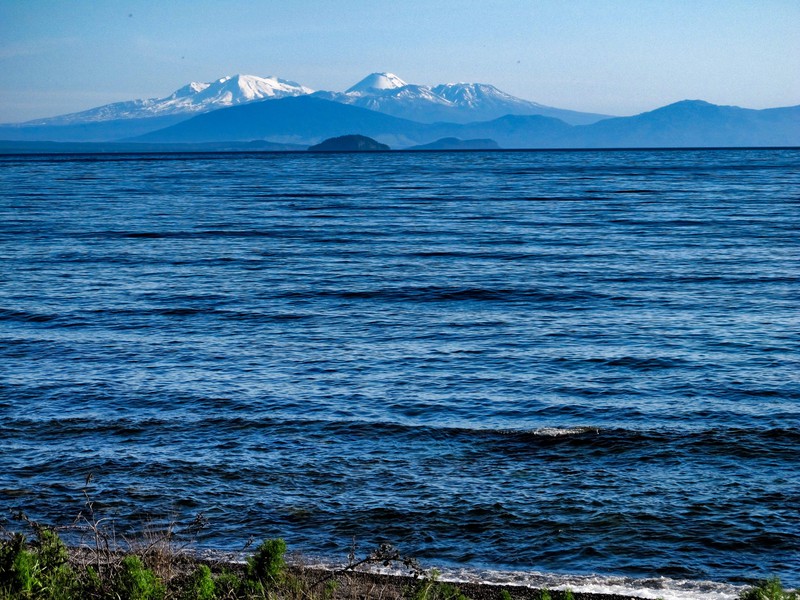 Lake Taupo with snow-capped mountains