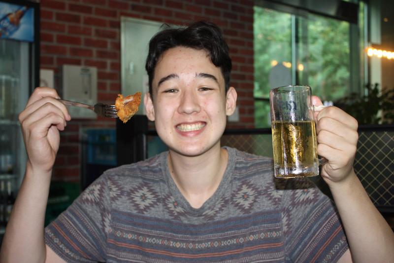 Jon with chicken and beer