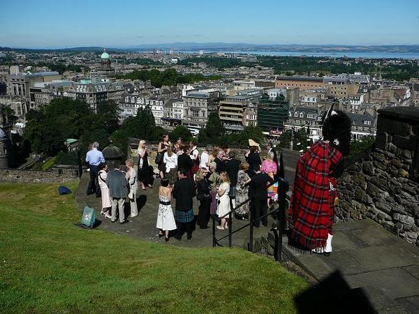 Our private balcony atop Edinburgh Castle, complete with bagpiper