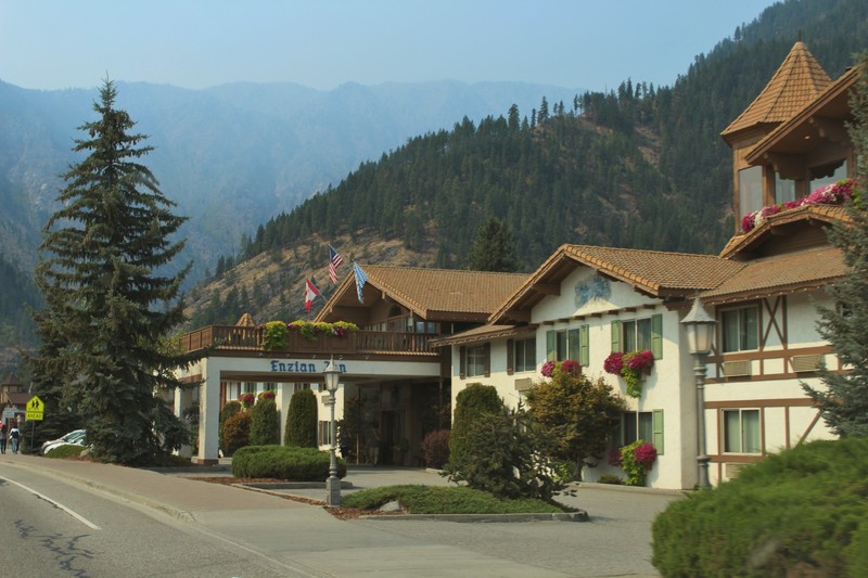 a hotel in Leavenworth, note the smoke in the background.