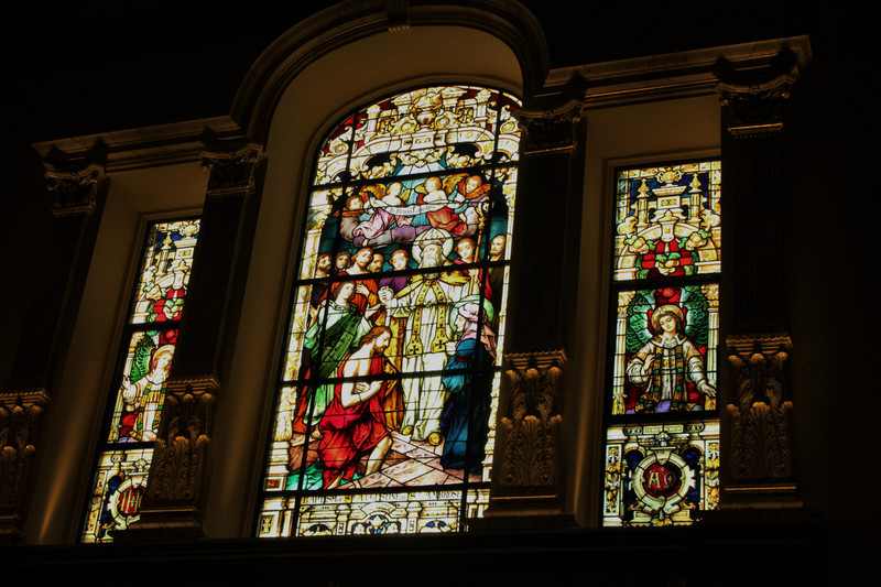 stained glass in the front of church