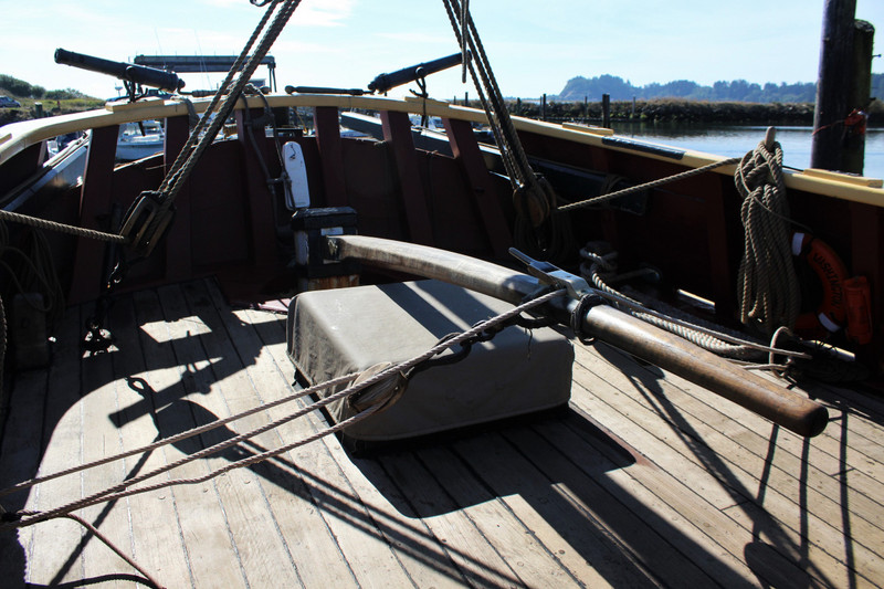 the tiller on board ship--note the 2 canons on the back