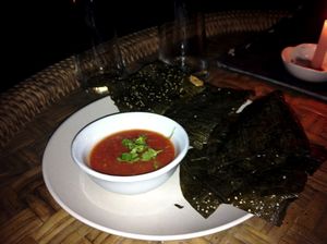 Riverweed with spicy tomato dipping sauce