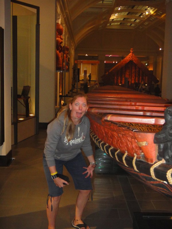 Kate with a Maori canoe used for war! Scary face!