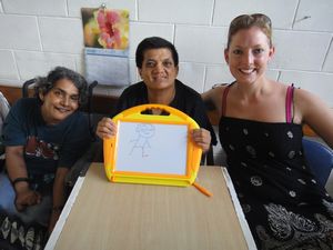 Elizabeth, Joanna and Kate with the magnadoodle