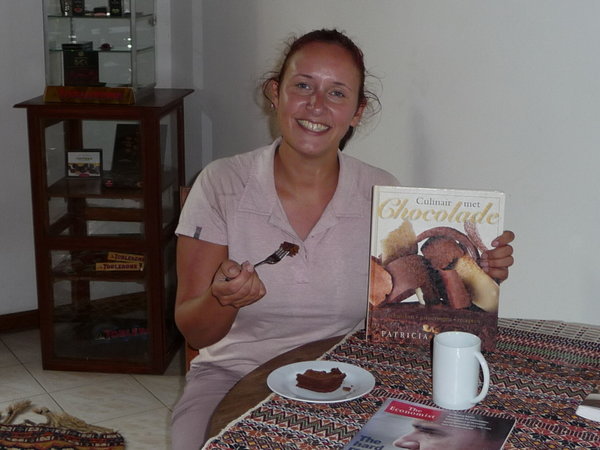 Looking very happy eating chocolate brownie!