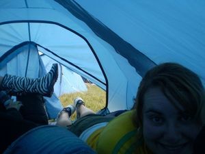 3 girls in a two(tiny)men tent