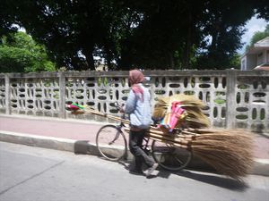 A man selling brooms on his bike/Een man verkoopt bezems op zijn fiets