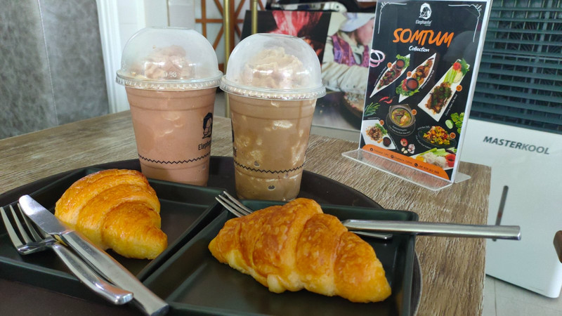 Coffee frappé and croissants at the Elephant café 