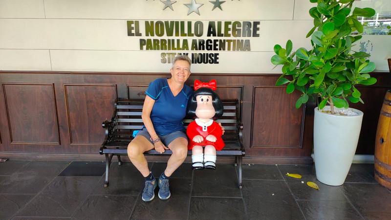 Mafalda outside an unaffordable Argentinian restaurant!