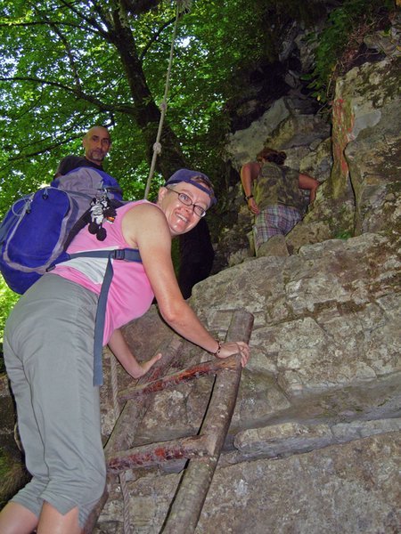 Trish climbs the ladder at waterfall #1