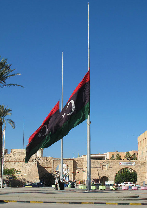 Giant flags at half mast on Martyrs' Square