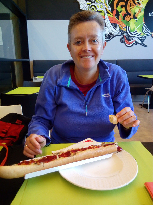 Enjoying a giant hotdog at the Solidarity Centre.