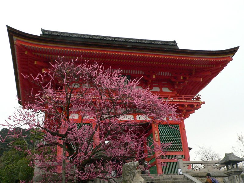 Shrine entrance against spring flowers