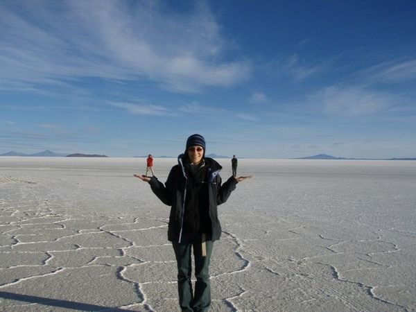 Claire weighing the boys on the Salt Flats
