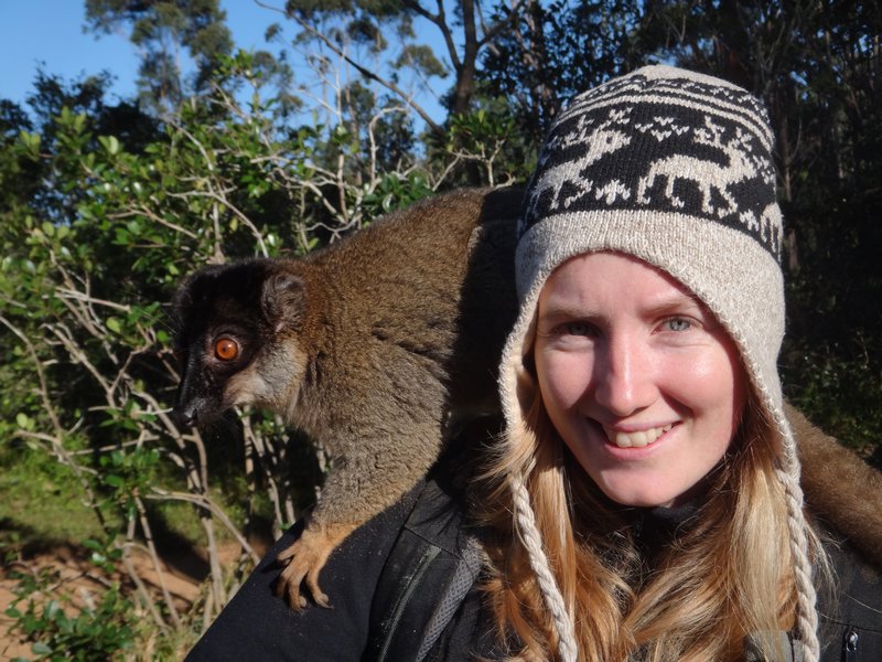 jess with a brown lemur