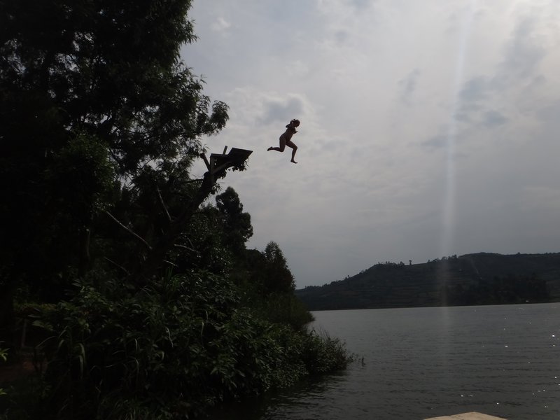 jumping into lake bunyoni