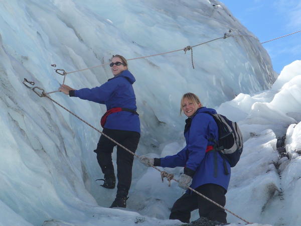 Becky and Hannah climbing the glacier