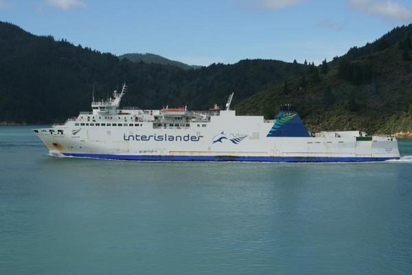 An Interislander Ferry just like ours passing by in the Marlborough sounds