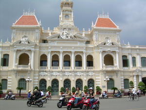 French architecture and motorbikes in Saigon