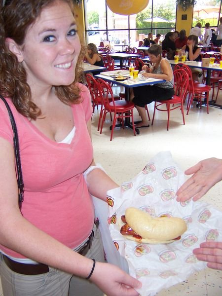 Amy with her hot dog