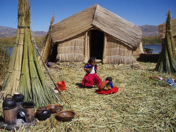 Children playing in a typical reed island setting