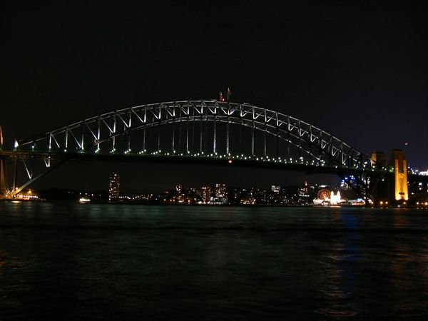 The harbour bridge at night.