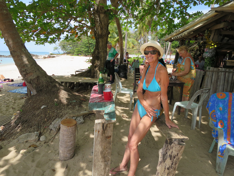 Enjoying a cold drink in the rustic beach bar at Beautiful Beach