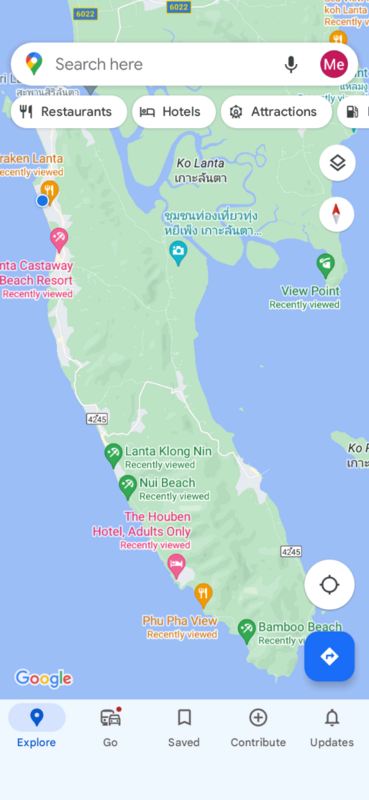 Map of Ko Lanta. We are staying where the blue dot is. The National Park is right down at the bottom of the island.  