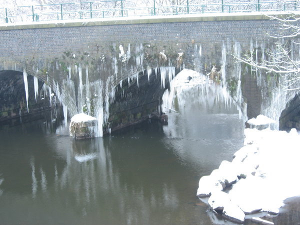 Icicles on a bridge at Burrs Country Park.