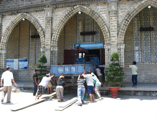 The lorry wedged in the church doorway