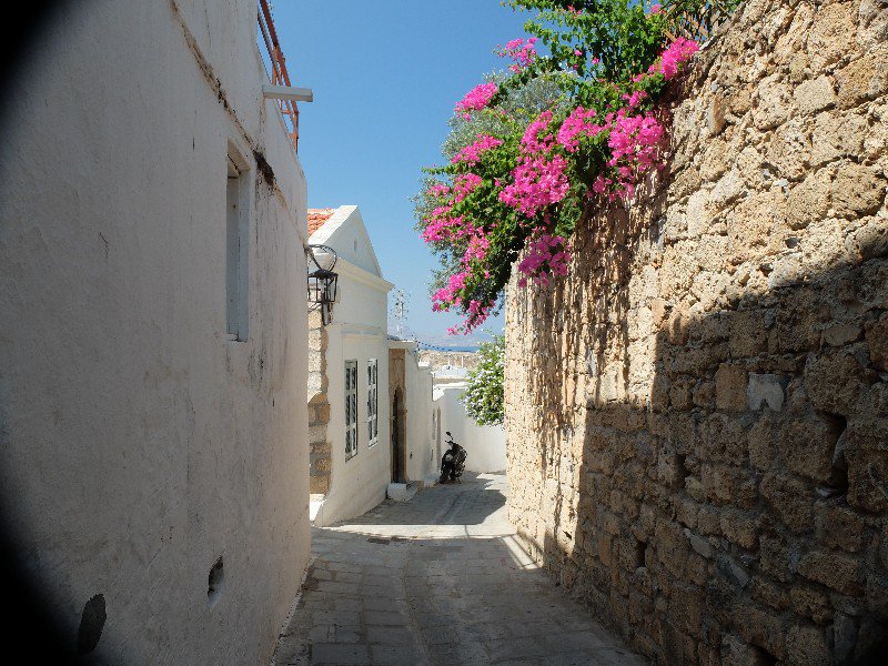 Colourful flowers adorn the narrow white washed streets