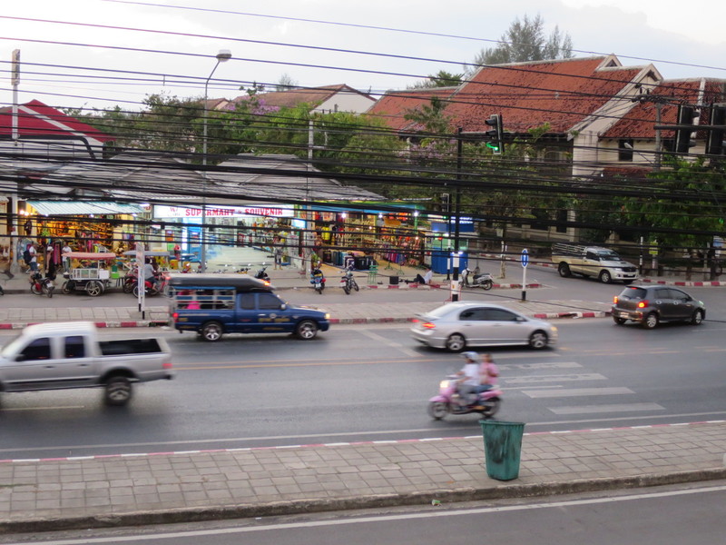 Total contrast! The street below our hostel in Khao Lak