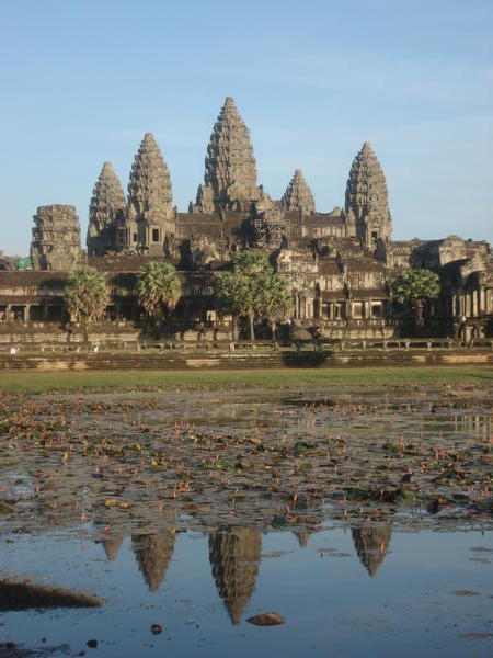 Angkor Wat Temple reflects in a nearby pond