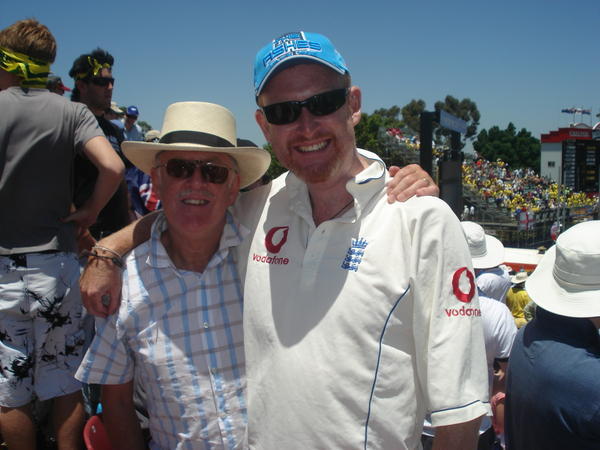 Me and dad celebrate a good first morning for England at the WACA