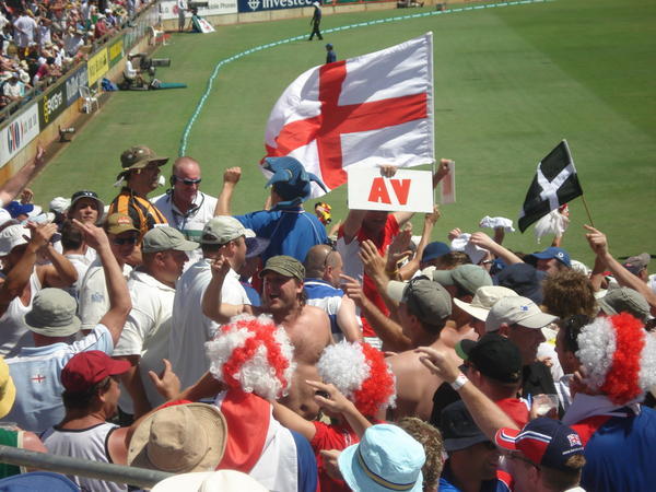 The Barmy Army celebrate an Aussie wicket at the WACA on day one