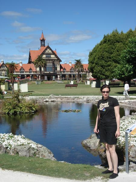 Karen poses outside the museum in Rotorua