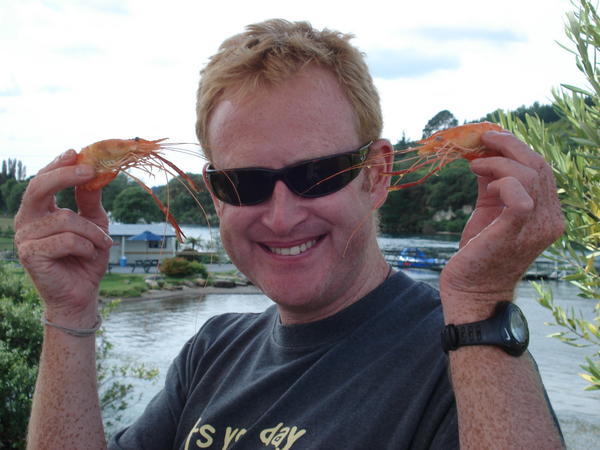 I pose with some pink friends at the Huka Prawn Park near Taupo