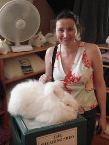 karen poses with a giant fluffy rabbit at 