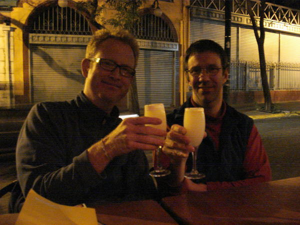 I enjoy my first pisco sour with Patric in Bar Dos Gardenias in Santiago
